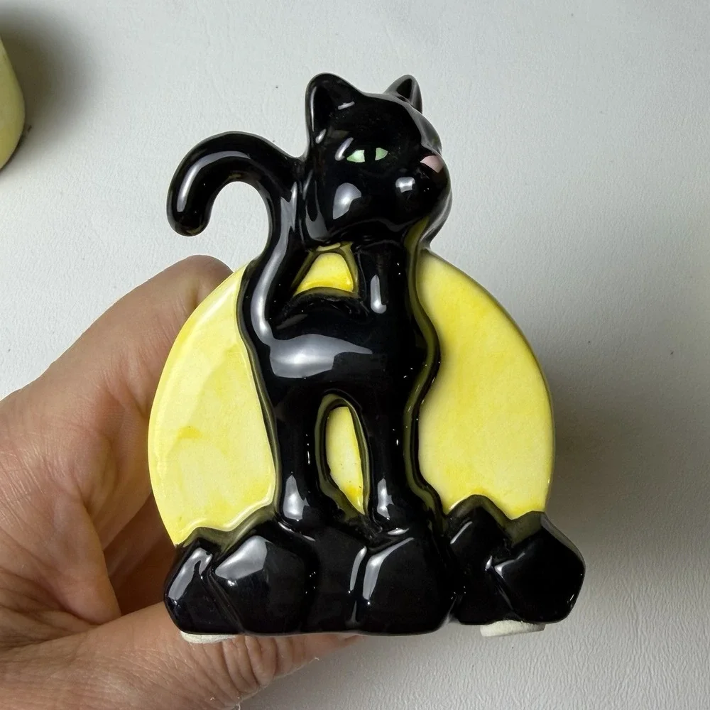 Black KITTY Cat Yellow Moon Tea Light Holder Halloween Pink Nose Set Of 3